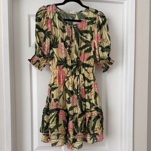 MELLODAY Yellow Mini Dress with Pink Floral and Green Leaves